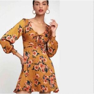 Free People Yellow and Blue Wrap Sundress with Bishop Sleeves